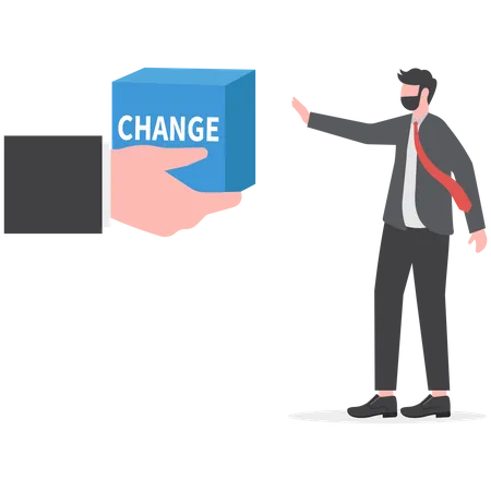 Status Quo Bias Fear Or Refuse To Change Comfort Zone Or Conservative Thinking Afraid Of Changing Risk Or Resist To Make Decision Concept Businessman Hand Denied Or Refuse To Get Change Cube Box Illustration