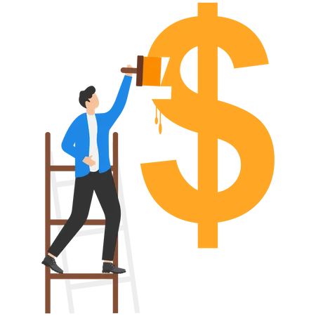 Hand Human Draws A Dollar Symbol With Yellow Paint And A Brush Close Up Vector Illustration Illustration