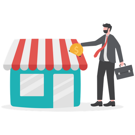 Businessman hand funding by put coin into small business store  Illustration