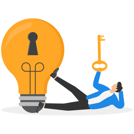 Businessman hand giving bright lightbulb idea with keyhole and golden key to unlock it  Illustration