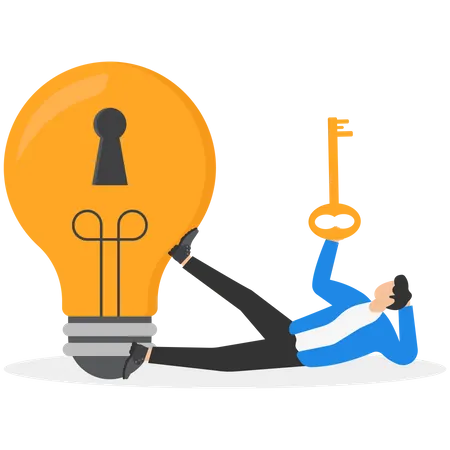 Businessman hand giving bright lightbulb idea with keyhole and golden key to unlock it  Illustration