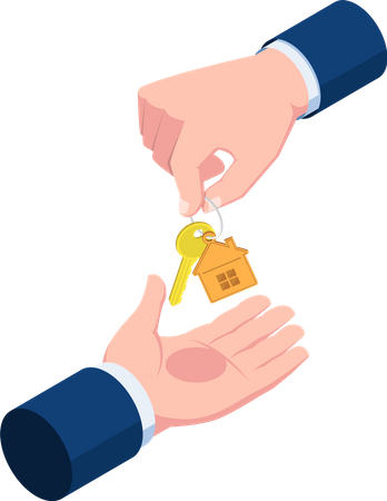 Businessman hand giving keychain with golden house key Illustration