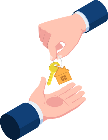 Businessman hand giving keychain with golden house key  Illustration