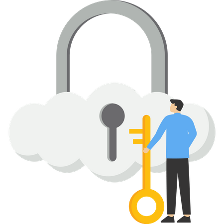 Businessman hand holding floating cloud padlock with security key  イラスト