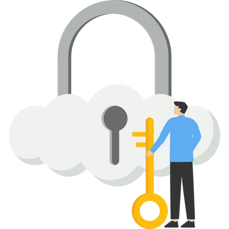 Businessman hand holding floating cloud padlock with security key  일러스트레이션