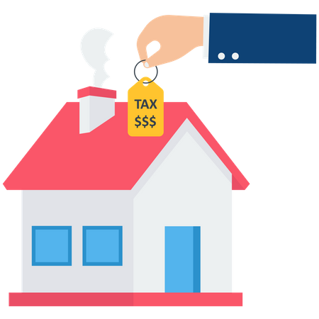 Businessman hand holding house with the price tags showing property tax with dollar signs to pay for  Illustration