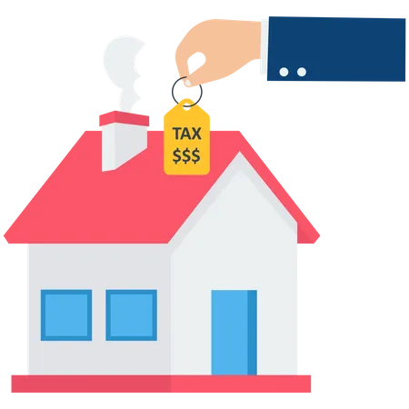 Businessman hand holding house with the price tags showing property tax with dollar signs to pay for  Illustration
