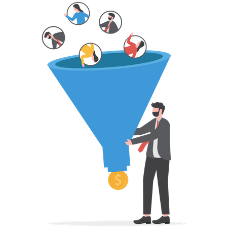 Businessman hand holding marketing funnel to pull potential customer and convert to sales  Illustration