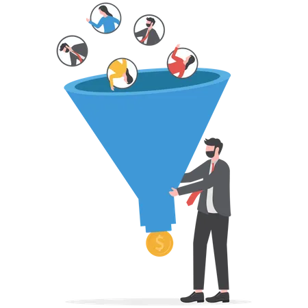 Businessman hand holding marketing funnel to pull potential customer and convert to sales  Illustration
