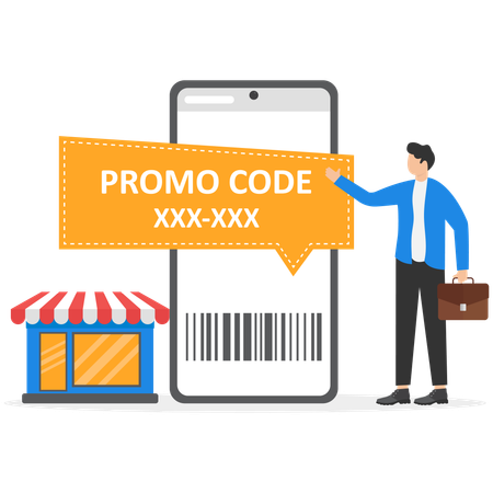 Businessman hand holding mobile with promo code coupon  Illustration