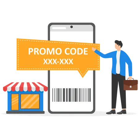 Businessman hand holding mobile with promo code coupon  Illustration
