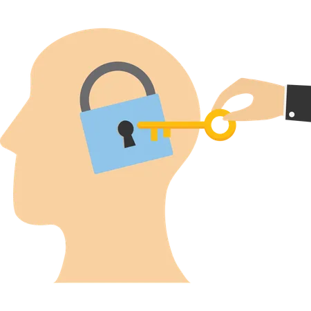 Businessman hand holding secret key to unlock ideas on human head  Illustration