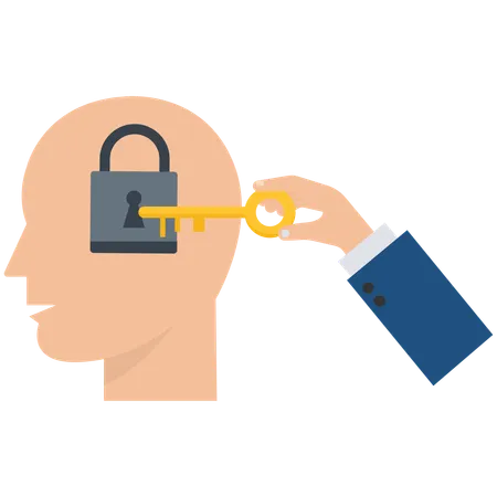 Businessman hand holding secret key to unlock ideas on human head  Illustration