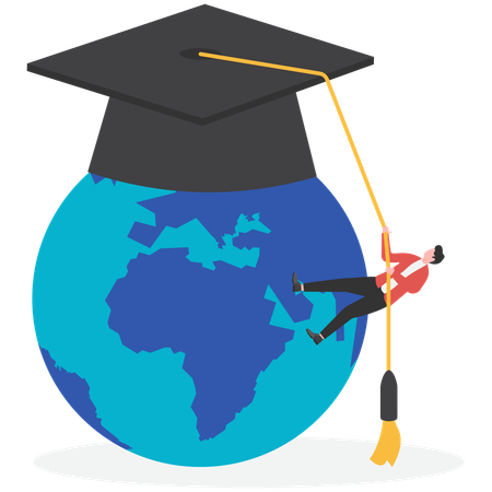 Businessman hand holding world with a graduation cap  Illustration