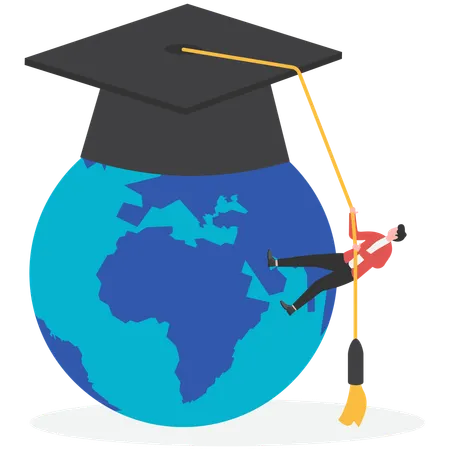 Businessman hand holding world with a graduation cap  Illustration