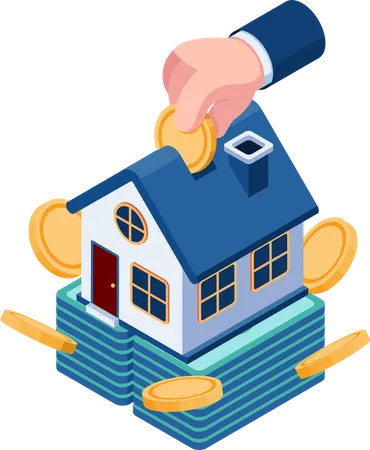 Flat 3 D Isometric Businessman Hand Insert Coin Into House Buying A House And Real Estate Investment Concept 일러스트레이션