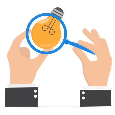 Businessman hand looking at lightbulb floating from magnifying glass  イラスト