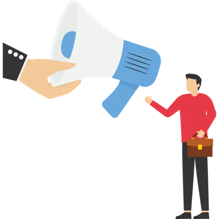 Businessman hand offer megaphone for employee to speak out  Illustration