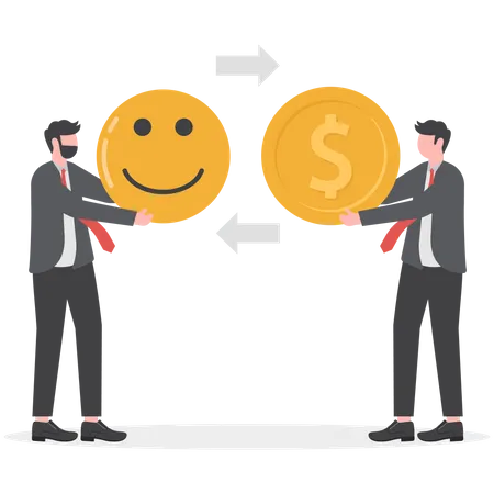 Businessman hand offer money to buy happiness smile face  Illustration