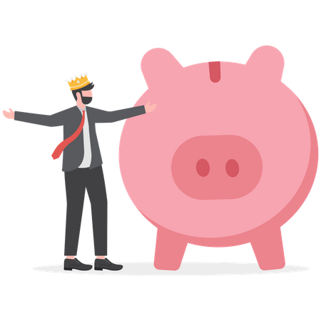 Businessman hand offer shinny pink piggy bank with golden king crown  Illustration