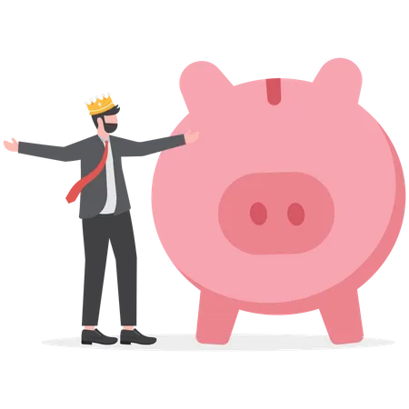 Businessman hand offer shinny pink piggy bank with golden king crown  Illustration