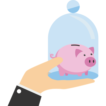 Businessman hand protecting piggy bank keeping money box  Illustration