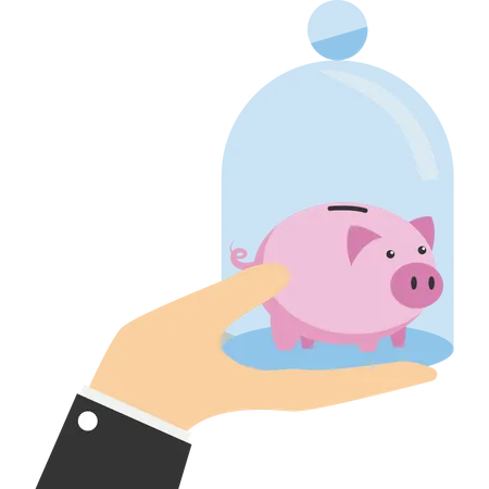 Businessman hand protecting piggy bank keeping money box  Illustration