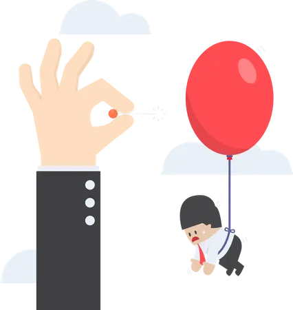 Businessman hand pushing needle to pop the balloon of his rival  Illustration