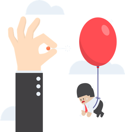 Businessman hand pushing needle to pop the balloon of his rival  Illustration