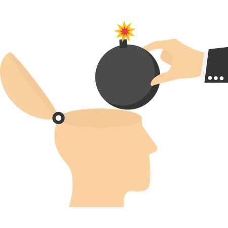 Businessman hand put a bomb to explode the brain human  Illustration