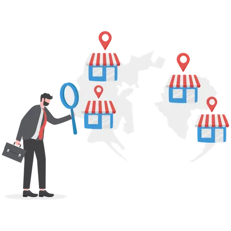 Businessman hand put franchise store franchise in new location to cover all continent and expand on world map  Illustration