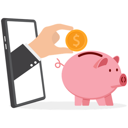 Businessman hand putting coin a piggy bank money savings through the smartphone  Illustration