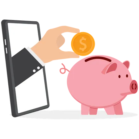 Businessman hand putting coin a piggy bank money savings through the smartphone  Illustration