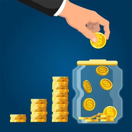 Businessman hand putting coin in glass jar  Illustration