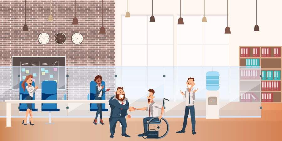 Businessman hand shaking with handicap male employee  イラスト