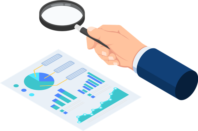 Businessman hand use magnifying glass to check reports  Illustration