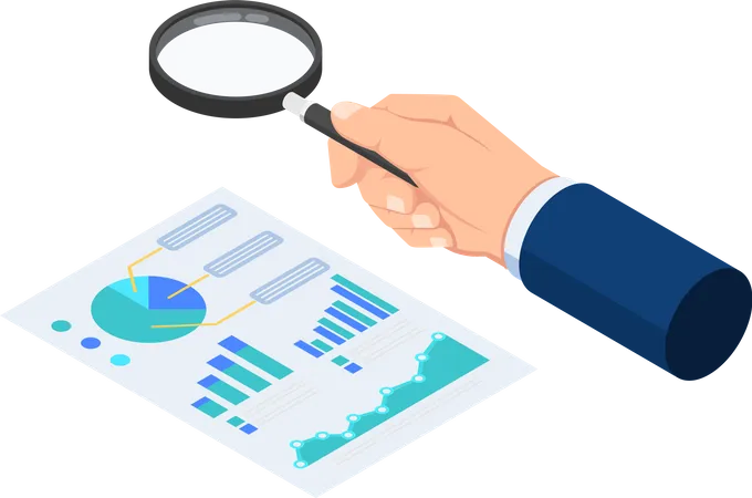 Businessman hand use magnifying glass to check reports  Illustration