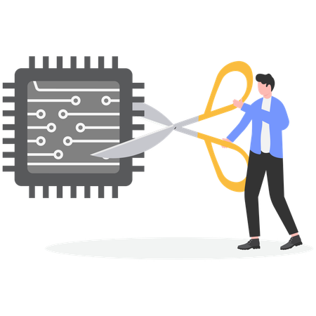 Businessman hand with scissors cutting off microchip  Illustration