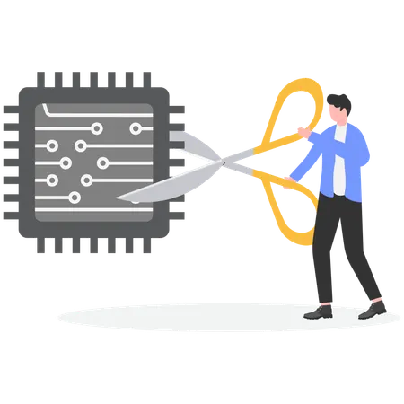Businessman hand with scissors cutting off microchip  Illustration