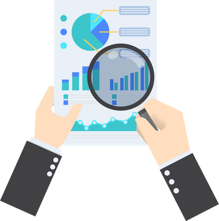 Businessman hands holding a magnifying glass and analyzing the data  Illustration