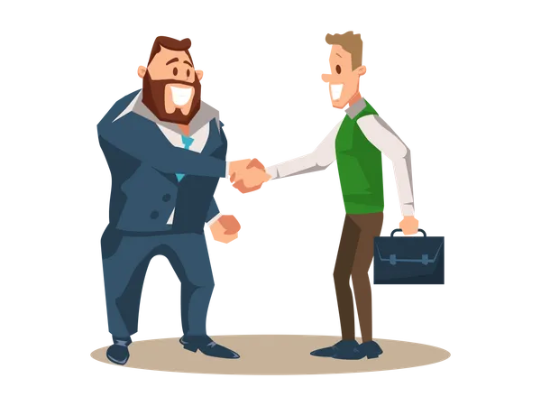 Two Smiling Business Man Character Shake Hand Partnership Begin Office Worker Wear Suit With Breifcase Make Agreement Illustration