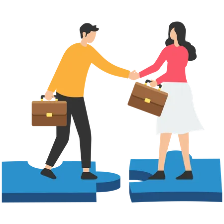 Business Success Strategy With Collaboration Teamwork Or Negotiation Jigsaw Key Miniature People Illustration