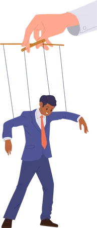 Businessman hanged on string controlled by employer puppeteer  Illustration