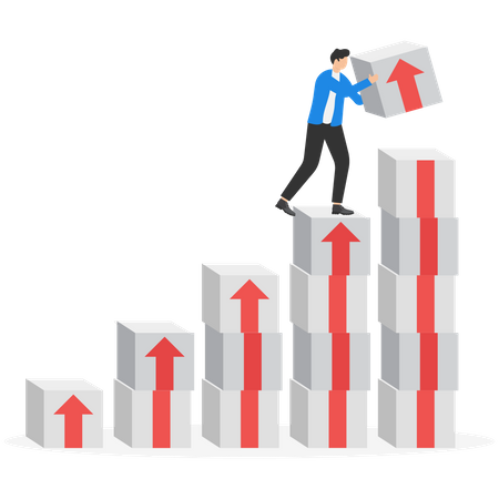 Businessman hanging above stacking box of rising up growth arrow  イラスト