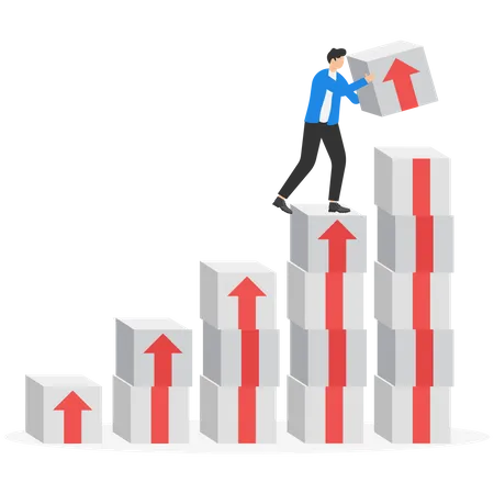 Businessman hanging above stacking box of rising up growth arrow  Illustration
