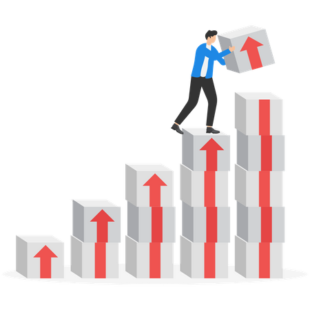 Businessman hanging above stacking box of rising up growth arrow  Illustration