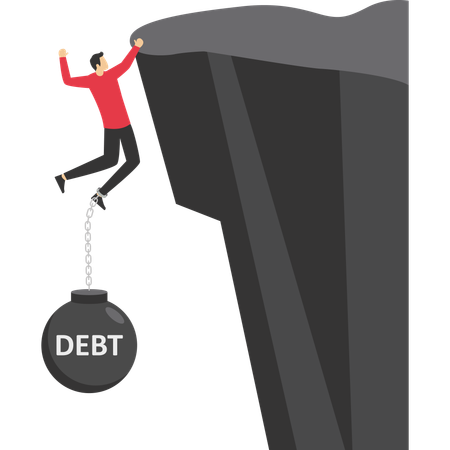 Businessman hanging dangerously on cliff and weigh down by metal ball and chain with word debt chained on his feet  Illustration