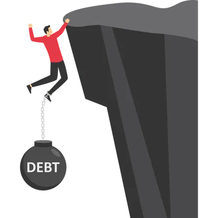 Debt Drag People To Cliff Businessman Hanging Dangerously On Cliff And Weigh Down By Metal Ball And Chain With Word Debt Chained On His Feet Vector Illustration On Weigh Down By Debt Concept イラスト