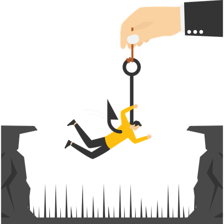 Businessman hanging in the hook over the cliff  Illustration