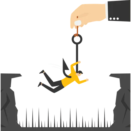 Businessman hanging in the hook over the cliff  Illustration